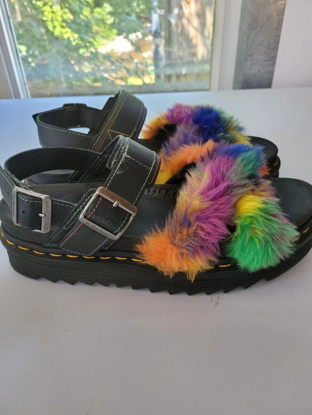 Dr. Martens 10 Black Platform Sandals with Rainbow Faux Fur Straps